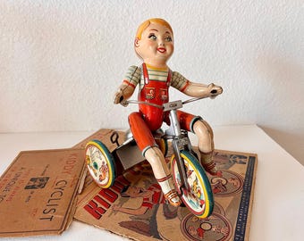 Vintage 1970's WIND UP Girl on Tricycle With Working BELL | Wind