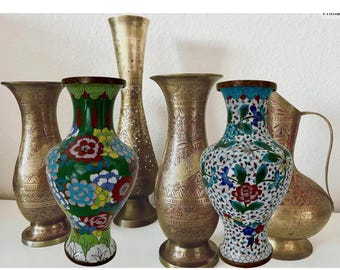 Brass Vase, Vintage Gold Vase, Antique Etched Metal Vase, Wedding Decor Flower Design Shelf Coffee Cloisonné Table Mantel Tabletop Display