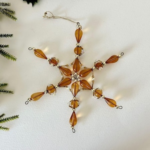 Bead Snowflake Ornament, Vintage Amber Gold Christmas Tree Hanging Decor, Handmade Holiday Gift, Winter Wreath Accent, Xmas Window Decor