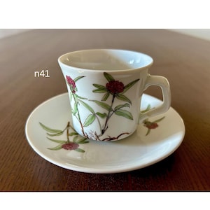 May include: White teacup and saucer set with a floral design featuring red flowers and green leaves. The cup has a handle and sits on a matching saucer. The set is on a wooden surface.