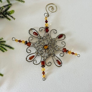 Ornament Metal Beaded Snowflake Amber Beads Christmas Tree Hanging Decor Vintage Holiday Gift Elegant Vintage Xmas Display Nostalgic Xmas