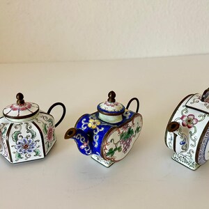 Lot of 3 Cloisonné Teapots,  Mini Enameled Floral Small Decorative Teapot, Asian Collectible Display