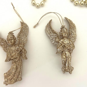 Vintage Gold Glitter Hard Plastic Angel Ornament Set, 3.5 Inch Hanging Angels, Elegant Christmas Tree Decorations, Collectible Holiday Decor
