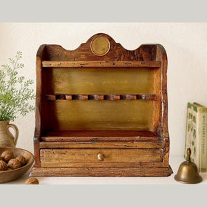 Vintage Display Shelf,  with Drawer Small Countertop Organizer, Rustic  Kitchen organizer, Wooden Tabletop Decor