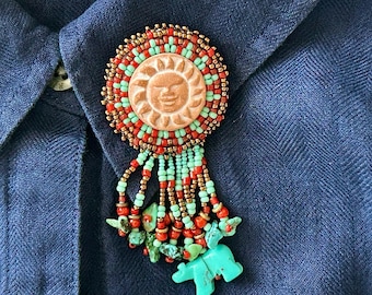 Brooch, Pin, Native American Turquoise Beaded Sun Face Brooch, Bear Brooch, Southwestern Tribal Pin,