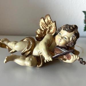 Musician Cherub Angel Ornament Vintage Violin Playing Figurine Golden Accents Holiday Tree Decor Gift Idea Elegant Christmas  Decor