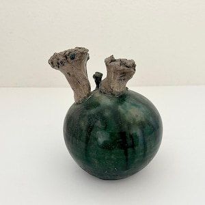 Pottery Mushroom Sculpture Art, Handmade Organic MCM Studio Pottery Object, Rustic Green Stoneware Shelf Decor, Ceramic Artisan Home Accent