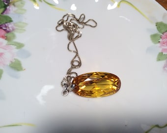 Art Deco yellow topaz glass vintage pendant with 18 inch box chain 1930