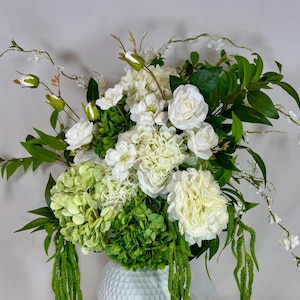 Large Artificial White & Green Modern Floral Arrangement – Faux Hydrangeas, Roses and Greenery for Luxe Home or Wedding Decor Flowers