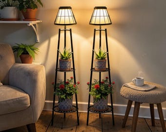 2 Pack Solar Floor Lamps with Plant Stands, 45.4 Inch Waterproof Outdoor Metal Lights