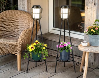 2 Pack Solar Floor Lamps with Plant Stand, Outdoor Waterproof Garden Decor
