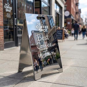 Custom Mirror A-Frame Sidewalk Sign, Business Pavement Display, Silver Finish