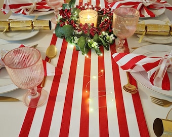 Festive Red & White Stripe Cotton Table Runner - For Christmas and Parties