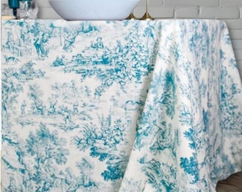 Blue & White Toile De Jouy Tablecloth With Vintage-Style French Country Design I 175cm/71" Wide I Round, Oval, Square, and Rectangle.