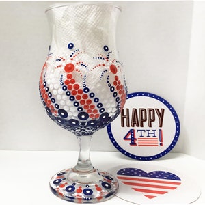 Digital Dot Mandala Pattern Red, White & Blue Wine Glass image 2