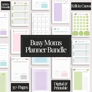 May include: A collection of printable planner pages with various designs and layouts. The pages include daily routines, homework planners, book trackers, and more. The text "Busy Moms Planner Bundle" is displayed prominently, along with "Digital & Printable".