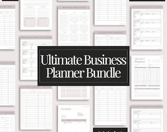 May include: A collection of printable business planner pages, including a year in review, marketing campaign planner, and budget planner. The bundle includes 25 pages and is labeled as digital and printable.