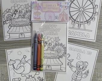 Könnte beinhalten: Ein Set von Malvorlagen zum Thema Jahrmarkt und Buntstiften. Die Seiten zeigen Illustrationen eines Riesenrads, eines Zirkuszeltes und eines Clowns mit dem Text "Happy Birthday Camila" und "Camila's 1st Birthday".
