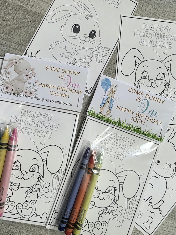 Some bunny is One birthday party coloring packs, Bunny birthday party favors