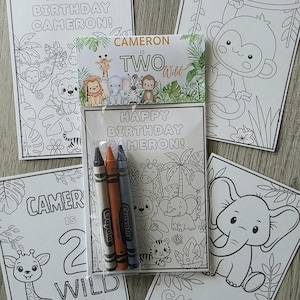 May include: A set of coloring pages and crayons for a birthday celebration. The pages feature jungle animals and the text "Happy Birthday Cameron!" and "Cameron is Two Wild."
