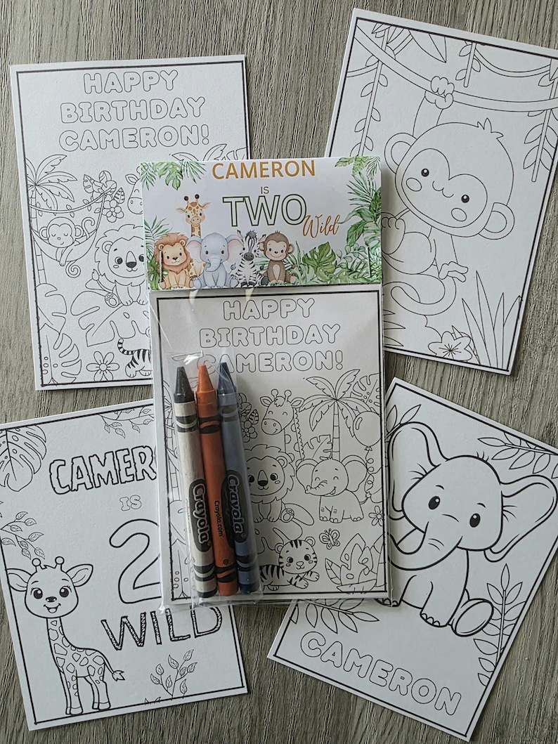 May include: A set of coloring pages and crayons for a birthday celebration. The pages feature jungle animals and the text "Happy Birthday Cameron!" and "Cameron is Two Wild."