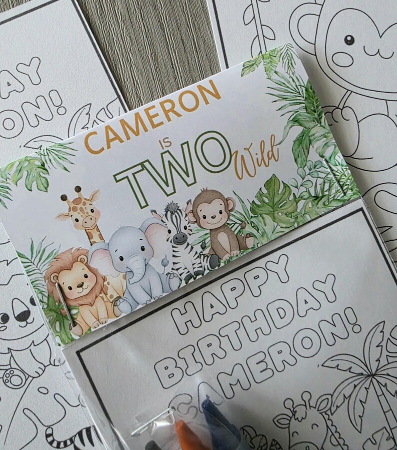 May include: A birthday-themed coloring book set with the text "Cameron is Two Wild." The cover features cartoon animals like a giraffe, lion, elephant, zebra, and monkey. The set includes crayons and a coloring page that says "Happy Birthday Cameron!"