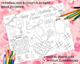 Bow Coquette Birthday Activity Placemat, Bow Birthday Party Coloring Page Digital Download