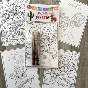 May include: A set of five coloring pages featuring a cactus playing a guitar, a donkey wearing a sombrero, maracas, and the text "JOSE'S 4TH FIESTA!" and "JOSE IS 4". The set includes four crayons.