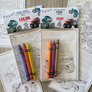 Paquetes para colorear de monster trucks, recuerdos de fiesta de cumpleaños de monster trucks