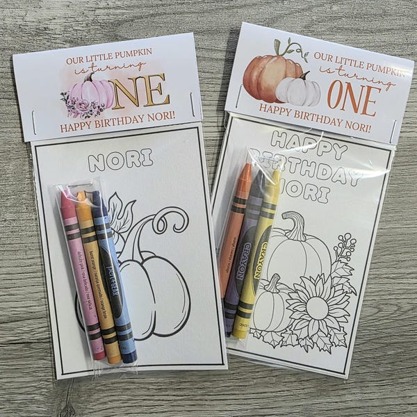 Pumpkin birthday party favors coloring packs, Our little pumpkin is turning one first birthday party Custom Birthday coloring pages