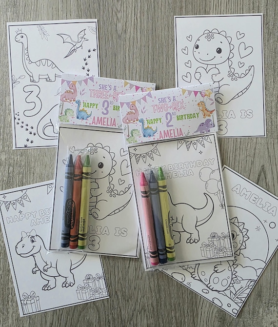 Three Rex, Two rex party coloring packs, Girl Pastel Dinosaur birthday party favors,