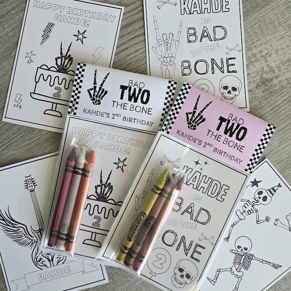 Bad TWO the bone party coloring packs, Bad to the bone party favors, custom birthday party favors
