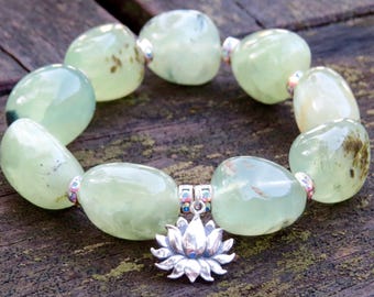 Prehnite Gemstone Bracelet, Sterling Silver Lotus Charm, Yoga Jewelry