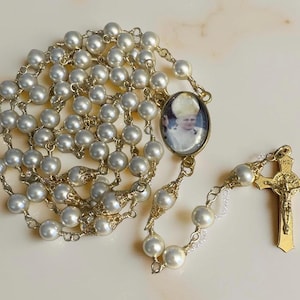 Catholic Rosary Featuring St. John Paul II, Colored Handmade Rosary Center with Crystal Pearl Beads