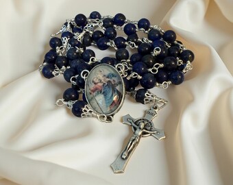 Catholic St Christopher Patron Saint of Travelers, Colored Centerpiece, Complimenting Lapis Lazuli Beads