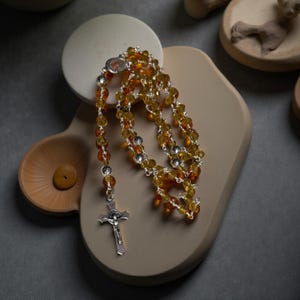 Our Lady of Guadalupe Rosary: Amber Glass Beads, Silver Wire