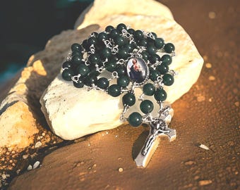 Catholic Rosary Featuring St. Jude, Green Agate Beads, Silver Handmade Links
