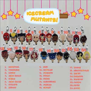 May include: A collection of 24 character-themed charms, each resembling an ice cream bar. The charms feature various comic book characters, including Deadpool, Wolverine, and Magneto. The text "ICECREAM MUTANTS!" is displayed above the charms, with each charm numbered.