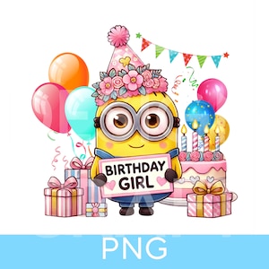 Minio.ns Aniversário PNG, Feliz Aniversário menina PNG, Lembrancinha de Festa, Topo de Bolo, Design de camiseta de aniversário, Decoração de festa, Convite de Aniversário Cartão de Aniversário