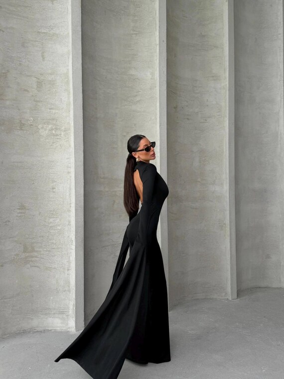 Vestido con cola de Morticia Puddle, guantes, vestido gótico negro