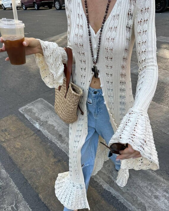Aesthetic Chic Cardigans Elegant White Cardigan Long Sleeve