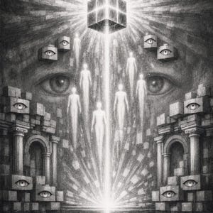Puede incluir: Una ilustración en blanco y negro que presenta un cubo central brillante que emite un haz de luz vertical. Varias figuras humanas flotan dentro de la luz, rodeadas de arcos de piedra, bloques y múltiples ojos incrustados en la arquitectura.