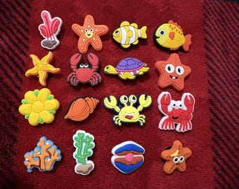 SEA LIFE OCEAN  - 16pc Shoe Charms - fits crocs - fish crabs shells