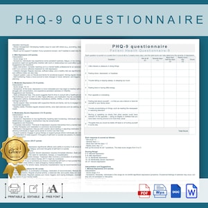 Puede incluir: Un cuestionario PHQ-9 imprimible, una herramienta de detección de la depresión autoadministrada. El cuestionario hace nueve preguntas sobre el estado de ánimo, el sueño, el apetito, la concentración y la autoestima. Cada pregunta se califica en una escala de 0 a 3, y la puntuación total puede ayudar a determinar la gravedad de la depresión.