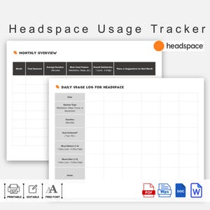 Puede incluir: Hoja de trabajo de seguimiento de uso de Headspace imprimible con una descripción general mensual y un registro de uso diario. La hoja de trabajo incluye secciones para realizar un seguimiento de las sesiones totales, la duración promedio, la característica más utilizada, la satisfacción general y los planes o sugerencias para el próximo mes. El registro de uso diario incluye secciones para la fecha, el tipo de sesión, la duración, el objetivo logrado, el estado de ánimo antes y el estado de ánimo después.