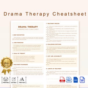 Può includere: Un cheat sheet di terapia drammatica stampabile con 12 prospettive. Il cheat sheet è diviso in sezioni con titoli come "Breve descrizione", "Principi fondamentali", "Obiettivi della terapia", "Trattamento/Tecniche", "Processo di trattamento", "Sfide/Critiche", "Costo e accessibilità" e "Durata del trattamento". Il cheat sheet è progettato per essere una risorsa utile per chiunque sia interessato a saperne di più sulla terapia drammatica.