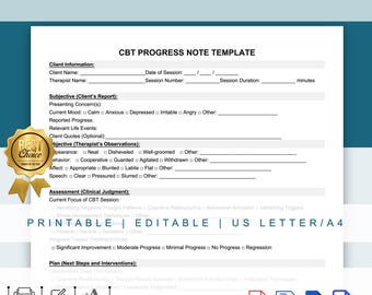 Printable CBT Progress Note Template for Therapists, Editable Cognitive Behavioral Therapy Progress Note, for Mental Health Professionals