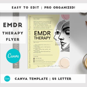 Könnte beinhalten: Ein Canva-Vorlagen-Flyer für die EMDR-Therapie mit einem minimalistischen Design mit Text und einer stilisierten Illustration eines Gesichts. Der Flyer enthält den Text "EMDR Therapy" und "Easy to Edit | Pro Organized!"