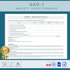 May include: A printable GAD-7 questionnaire, a self-assessment tool for generalised anxiety disorder. The questionnaire asks seven questions about anxiety symptoms experienced over the past two weeks, with a scoring system ranging from 0 to 21. The questionnaire includes interpretations of the scores, ranging from minimal to severe anxiety.