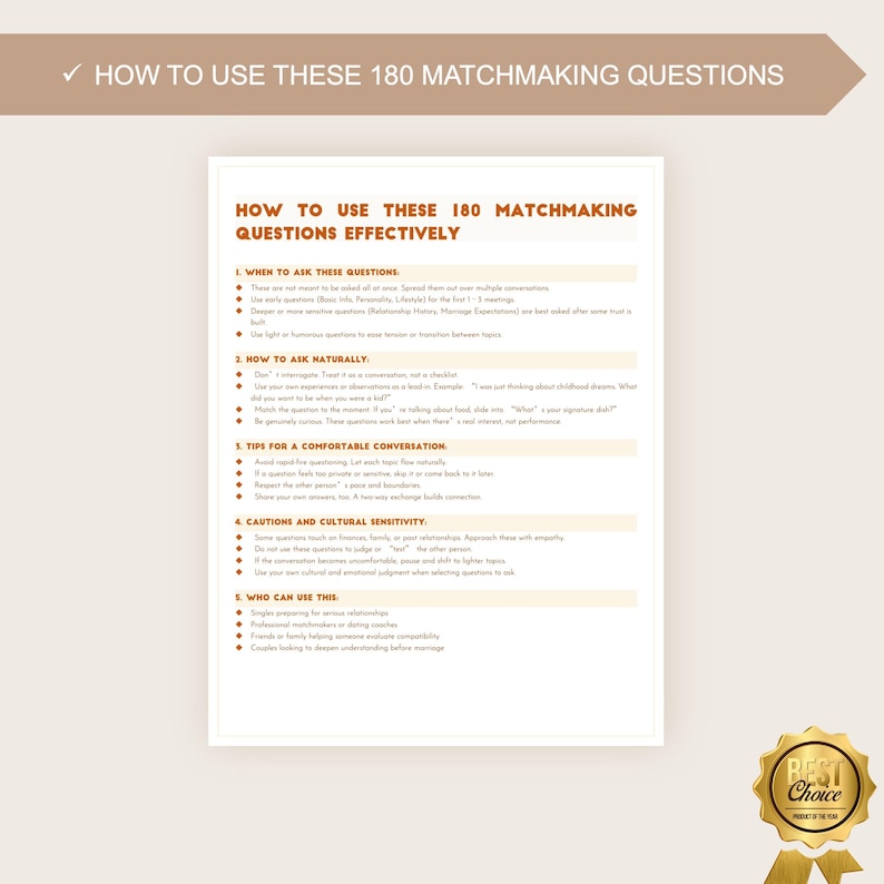 K&ouml;nnte beinhalten: Ein wei&szlig;es Papier mit dem Text "HOW TO USE THESE 180 MATCHMAKING QUESTIONS EFFECTIVELY". Das Papier enth&auml;lt nummerierte Abschnitte mit Aufz&auml;hlungszeichen. Ein goldenes Siegel mit den Worten "Best Choice" befindet sich in der unteren rechten Ecke.